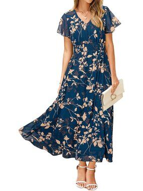 Floral Maxi Dress for Women - Short Sleeve Boho Summer Wedding Guest Chiffon
